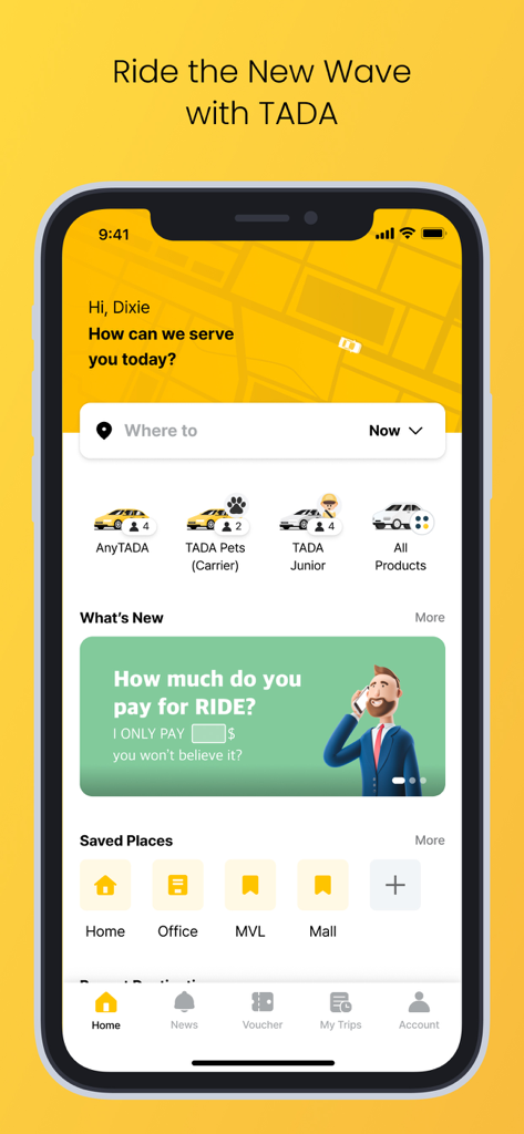 TADA ride hailing app home screen interface showing destination search and ride options