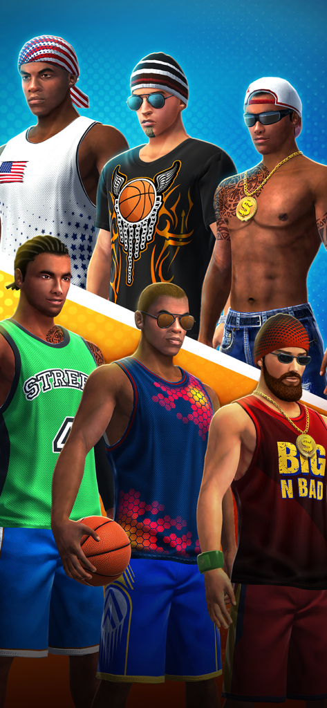 Basketball Stars™: Multiplayer - Eine Gruppe von angepassten Basketballspieler-Avataren, die verschiedene Streetwear und Accessoires präsentieren.