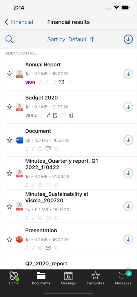 Lista de documentos e relatórios financeiros corporativos no aplicativo de portal do conselho Admincontrol