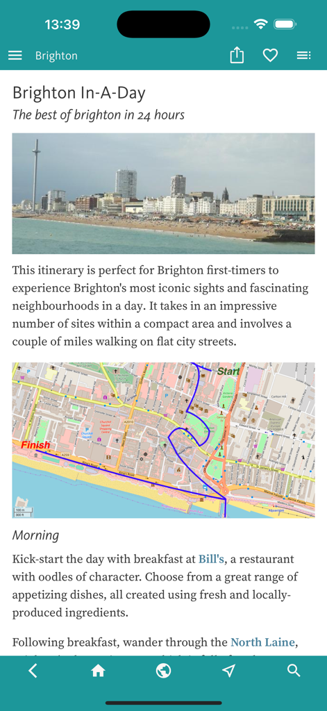 Bildschirm für die Brighton-In-A-Day-Reiseroute mit Karte und Strandfoto