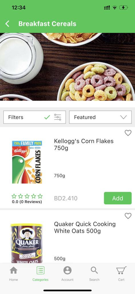 Alosra - Alosra mobile app interface showing the breakfast cereals category with products like Kellogg's Corn Flakes and Quaker Oats