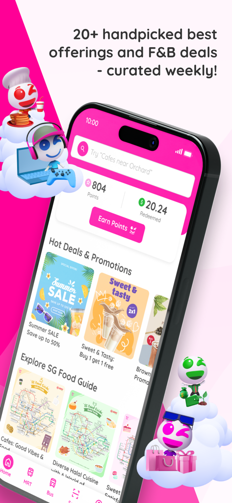 WINK plus app home screen displaying lifestyle rewards hot deals and Singapore food guide