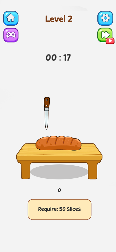 Una pantalla de minijuego de Tricky Challenge que muestra un cuchillo flotando sobre una hogaza de pan en una tabla de cortar con el requisito de 50 rebanadas.