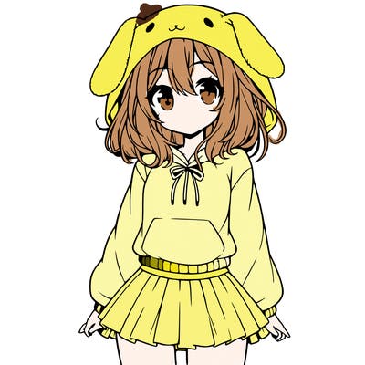 pretty anime girl wearing a fluffy hoodie with bunny ears on the hood and a skirt