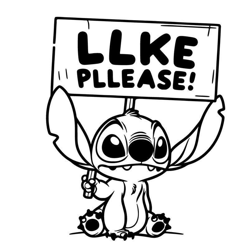 stitch holding a sign saying like please
