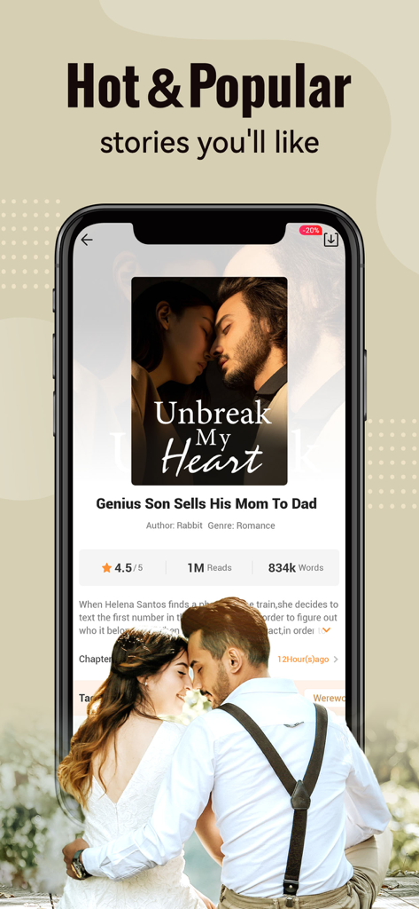 BestNovel - Webnovel & Romance - Uno smartphone che mostra l'interfaccia dell'app BestNovel con storie di romance popolari e un'immagine di una coppia romantica.