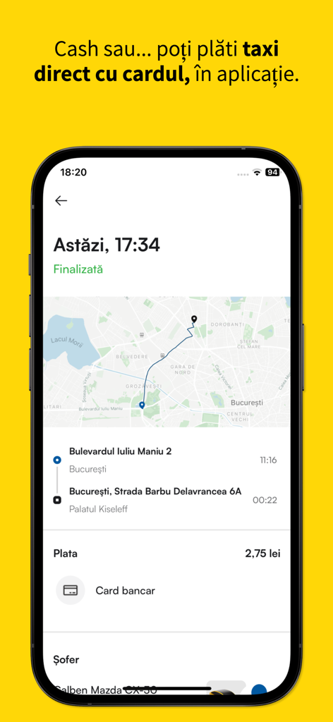 Meridian - Meridian taxi app ride history screen showing route map and card payment information in Bucharest