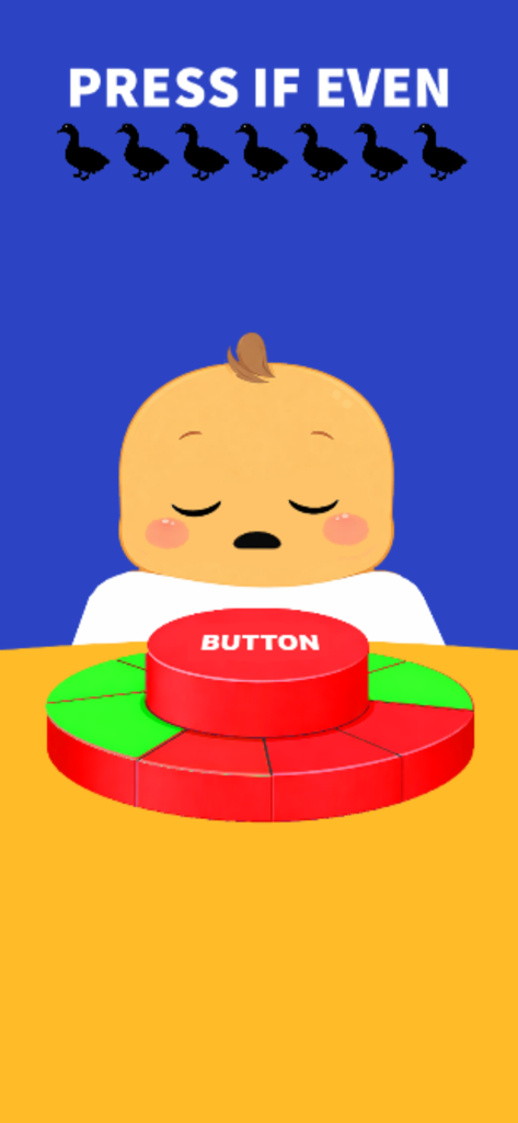 Don't Wake Baby: Button Game - Una pantalla de juego móvil que muestra un bebé durmiendo y un botón rojo con la sigilosa instrucción "Presiona Si Hay Siete Patos Negros"
