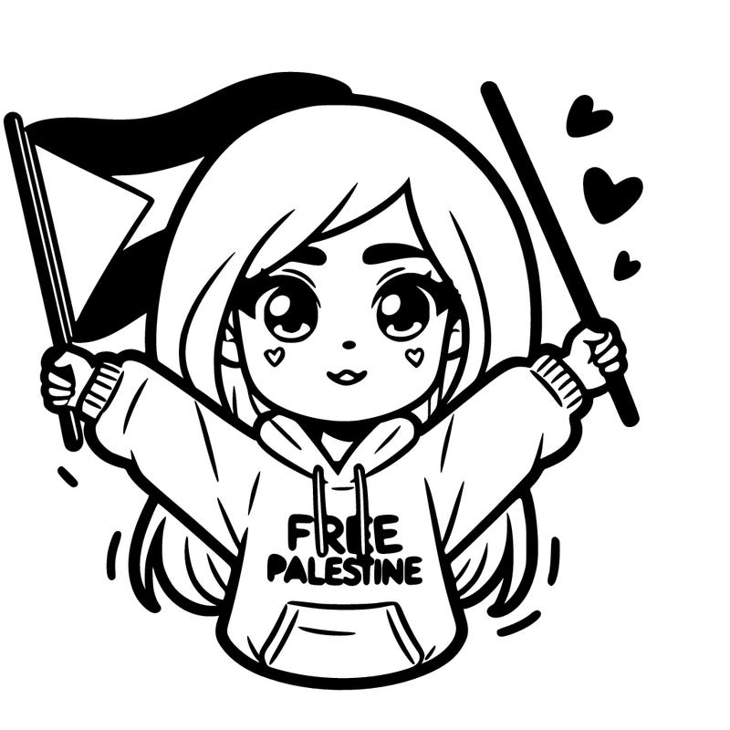 girl wearing free palestine hoodie with a waving a palestinian flag