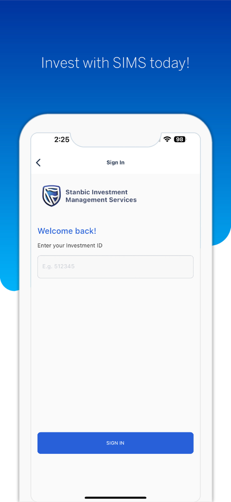 SIMS LTD - Sign in screen for the SIMS LTD investment app by Stanbic Bank Ghana