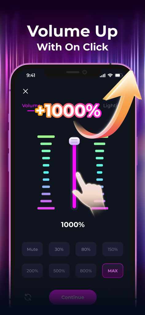 Louder Music: Volume Booster - iPhone screen showing volume booster app interface with a slider set to 1000 percent volume increase.