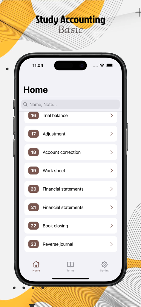 Basic Accounting Learning - Basic Accounting Learning app home screen showing a list of modules like Trial balance and Financial statements