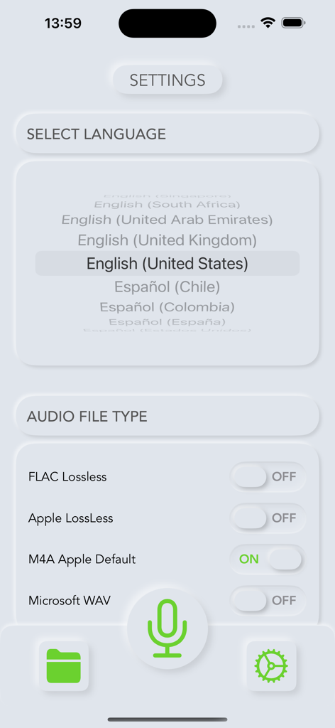 Settings screen of Talk Notes app showing language selection for English United States and audio file type options