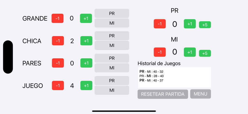 Cuenta Mus - Interfaz de contador de puntuación digital para el juego de cartas español Mus con seguimiento de puntos fase por fase e historial de partidas