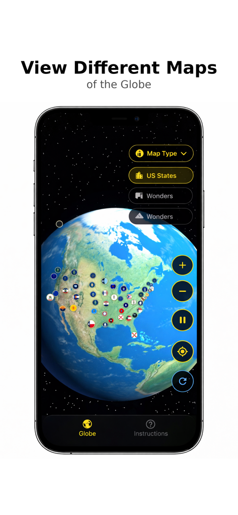 TrueGlobe - Un smartphone mostrando la aplicación TrueGlobe con un globo terráqueo 3D enfocado en América del Norte que muestra varios iconos de estados de EE. UU. y un menú de selección de mapas