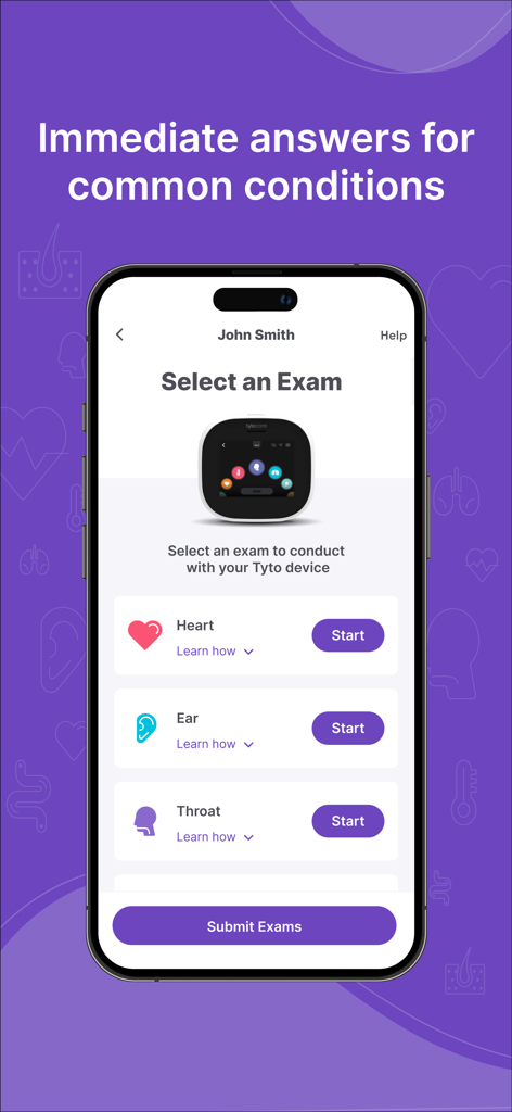 TytoCare - TytoCare app screen showing options to start medical exams for heart ear and throat