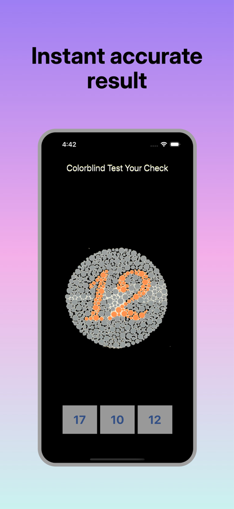 Smartphone screen showing an Ishihara plate colorblind test with the number twelve and selection buttons
