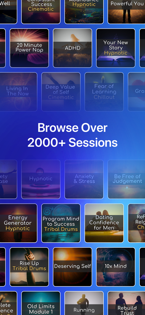 Hypnosis with Joseph Clough - A grid showcasing over 2000 hypnosis audio sessions for mindset reprogramming and personal growth.