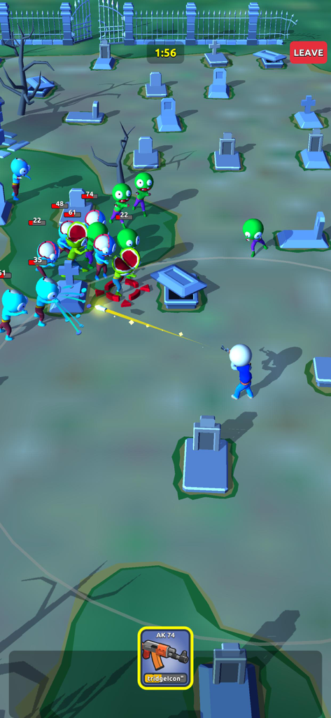 Strong Whisper Expert - Vista desde arriba de un personaje disparando a zombis verdes en un cementerio