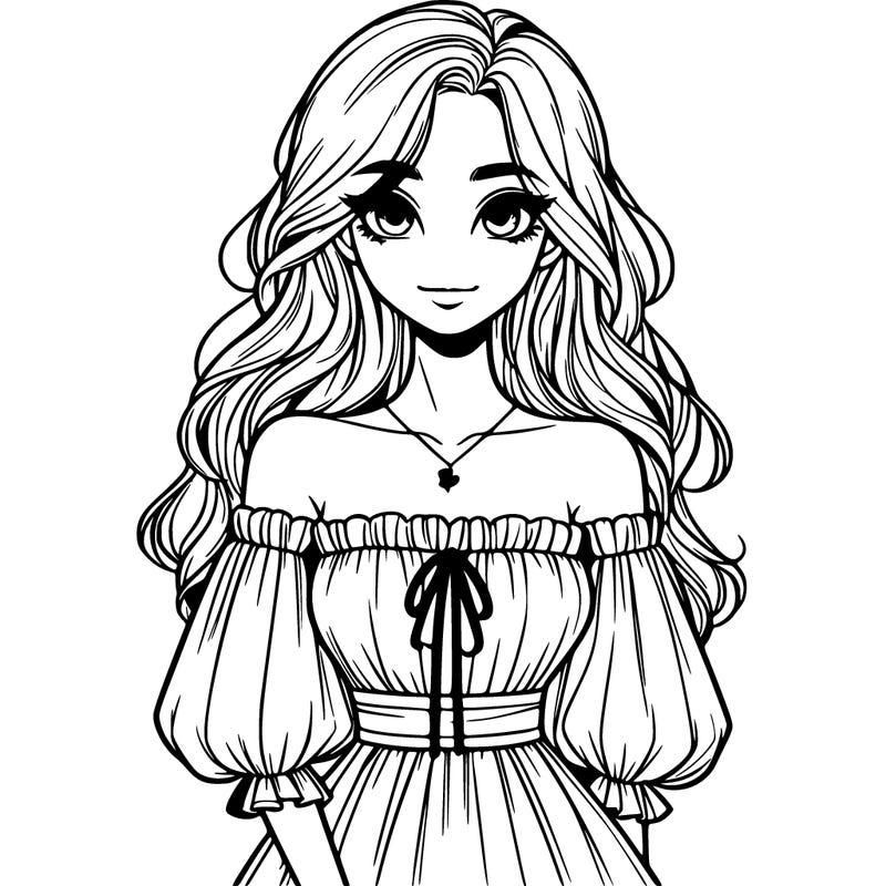 22 year old girl in off the shoulder dress with long hair