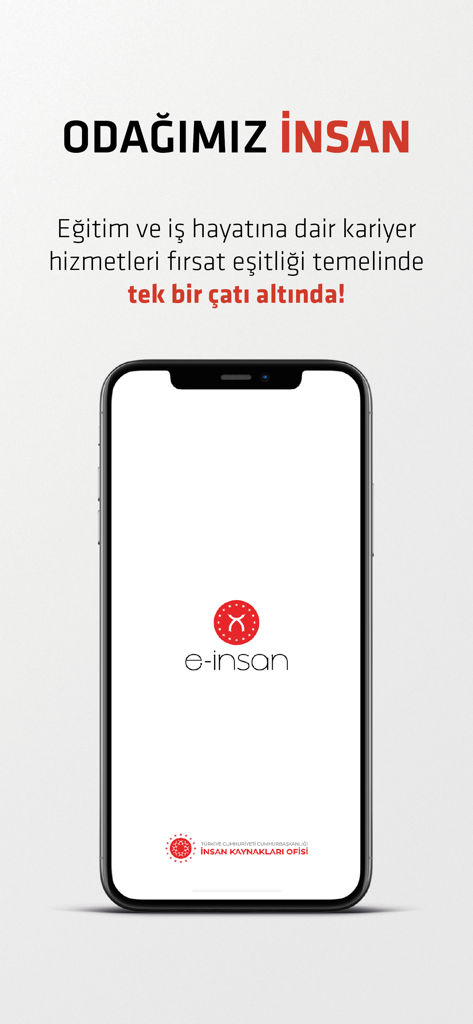 e-insan - Intro screen for the e-insan mobile app featuring the logo and Turkish text describing career and education services