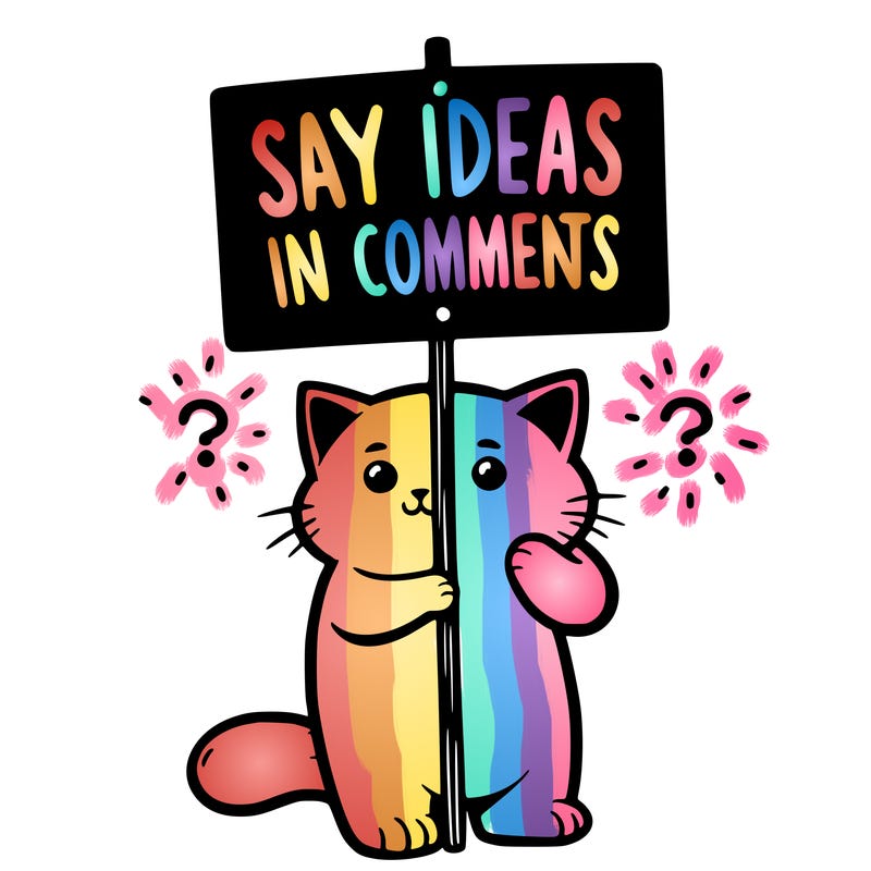 cat holding sign that says say ideas in comments
