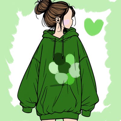 realistic girl with a oversized sweatshirt on and a bun