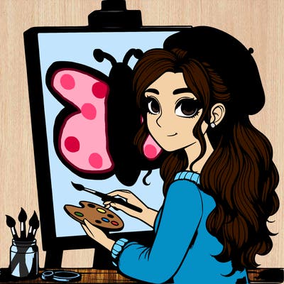 realistic girl artist painting a blank canvas