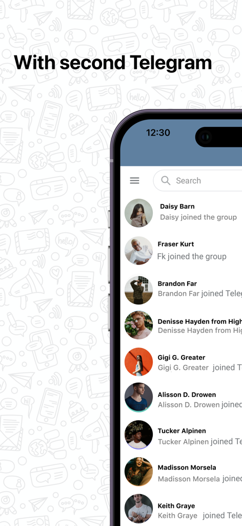 Interface of the Messenger Web app showing a second Telegram account with a list of contacts