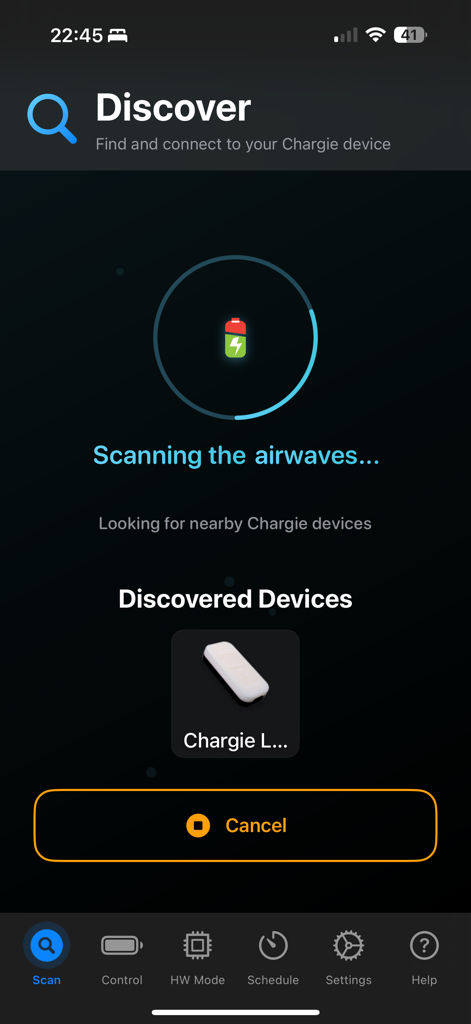 L'écran de découverte de l'application Chargie analysant et se connectant à un appareil matériel USB à proximité.