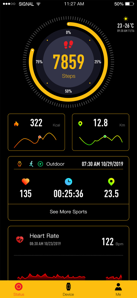 KODAK SMART WATCH - Tableau de bord de l'application KODAK SMART WATCH montrant le suivi des pas quotidiens et de la fréquence cardiaque