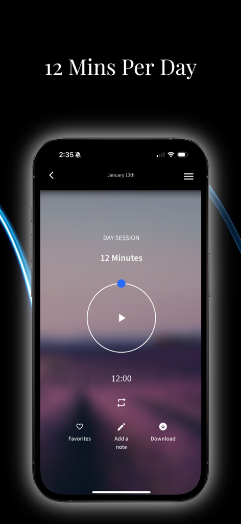 Evolutioner app interface showing a 12 minute sound frequency day session