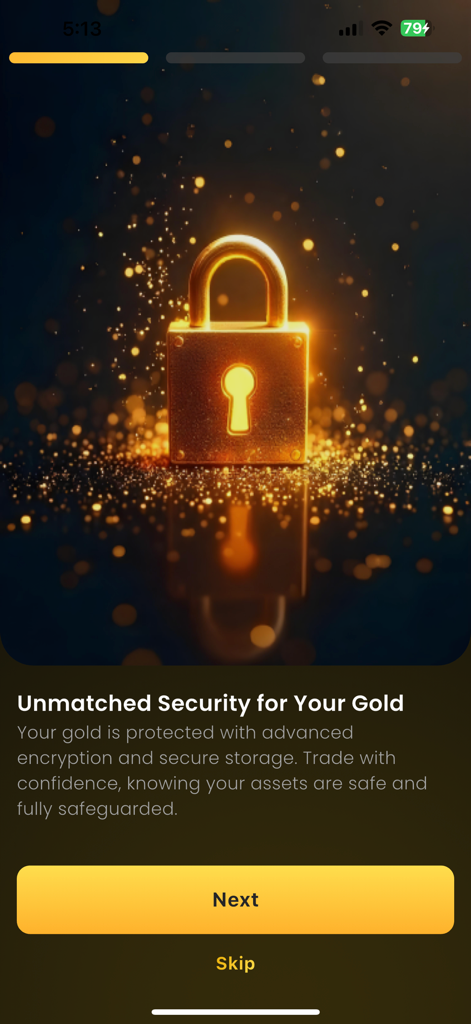 24k X Gold - Pantalla de incorporación de seguridad de la aplicación 24k X Gold con un icono de candado dorado brillante y texto sobre protección de activos