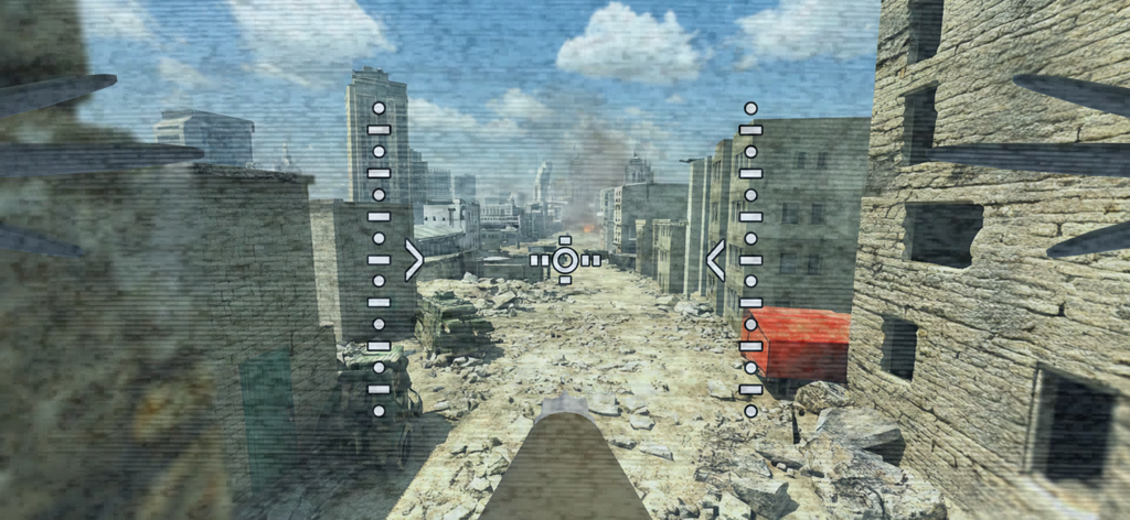 Prospettiva in prima persona di un drone kamikaze che vola attraverso una strada cittadina distrutta con un'interfaccia di volo digitale