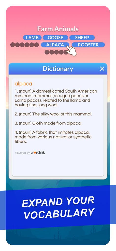 Word Serenity: Fun Brain Game - Fonctionnalité de dictionnaire dans le jeu Word Serenity montrant la définition d'alpaga