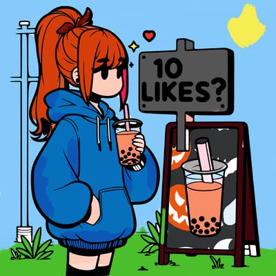 girl with oversized hoodie drinking boba and she has a high ponytail with a sign that says 10likes?