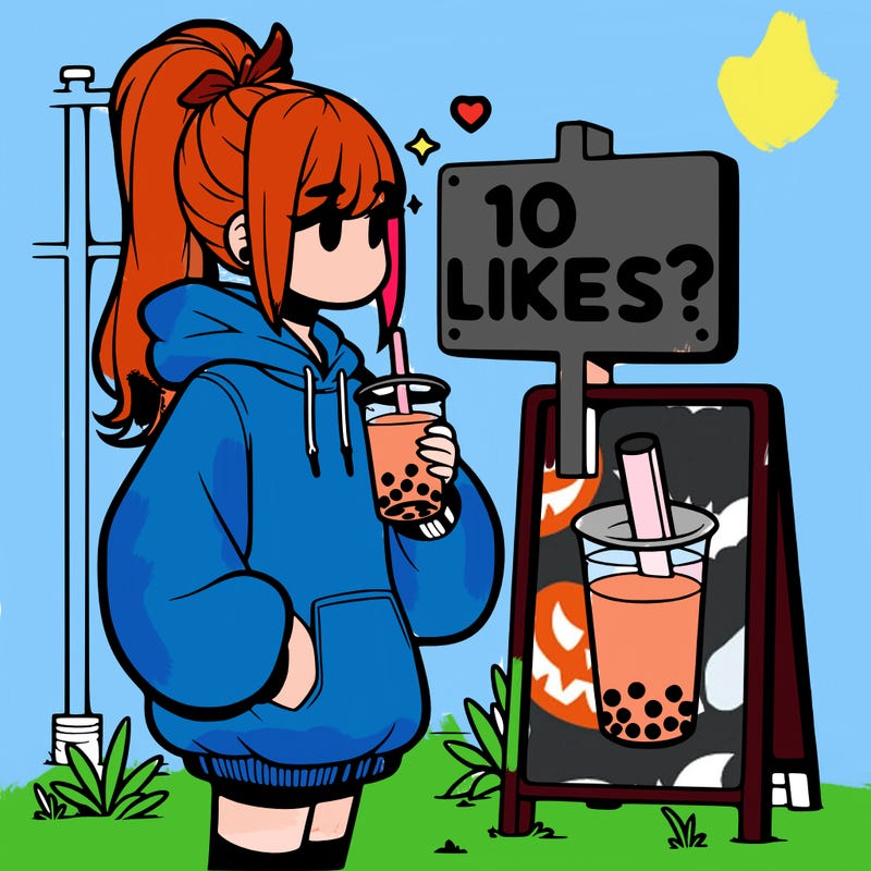 girl with oversized hoodie drinking boba and she has a high ponytail with a sign that says 10likes?