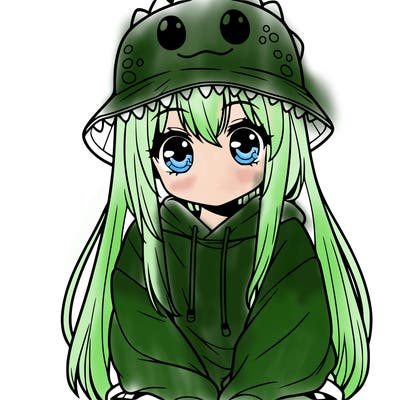 girl with anime shaped eyes with a dinosaur bucket hat oversized sweatshirt long straight hair