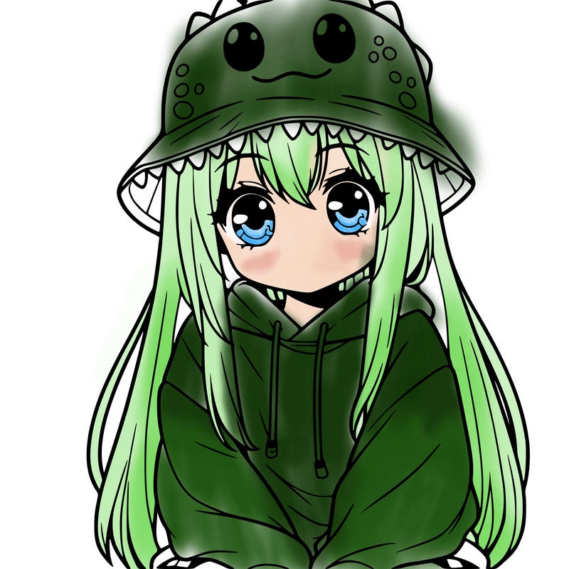 girl with anime shaped eyes with a dinosaur bucket hat oversized sweatshirt long straight hair