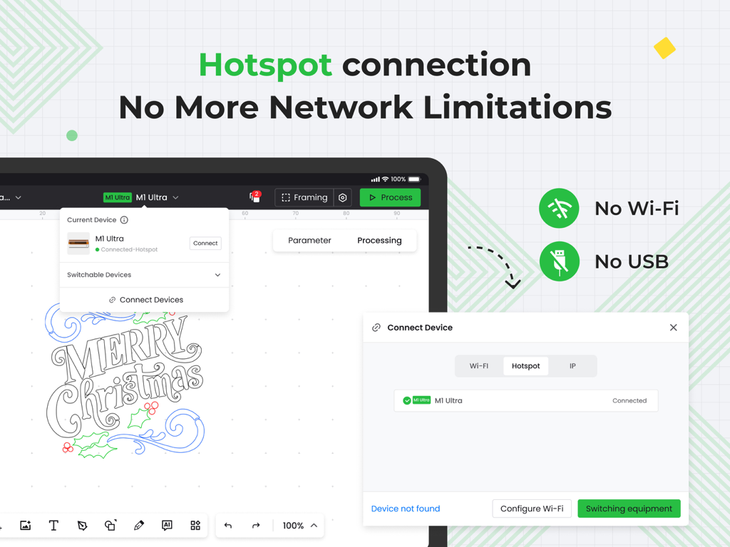 xTool Creative Space - Benutzeroberfläche der xTool Creative Space zeigt Einstellungen für die Hotspot-Verbindung zur drahtlosen Steuerung der Laser-Maschine auf einem iPad.