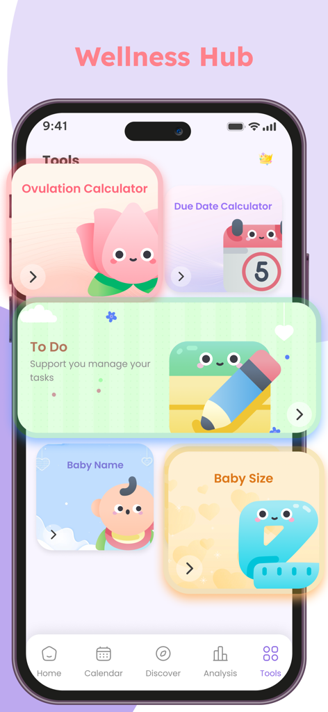 El Centro de Bienestar de la aplicación Momiary que muestra calculadoras de ovulación, fecha de parto, rastreador de tamaño del bebé y tareas de embarazo