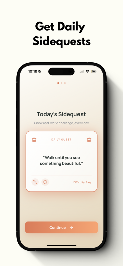 Pantalla de teléfono inteligente que muestra la aplicación JourneyKeep con una indicación de misión secundaria diaria para caminar hasta ver algo hermoso.
