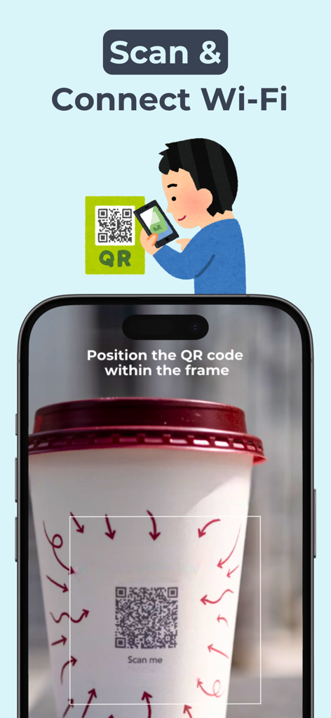 A mobile app interface scanning a Wi-Fi QR code on a coffee cup