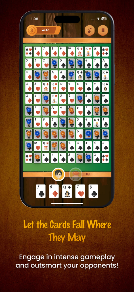 Interfaz del juego móvil Sequence Royale que muestra el juego estratégico de cartas y fichas en el tablero.