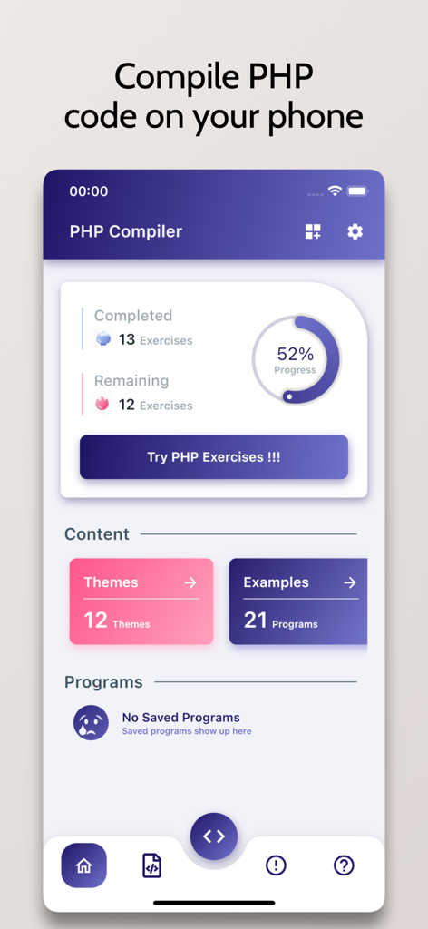 PHP Compiler - Run .php Code - Tableau de bord de l'application Compilateur PHP montrant la progression des exercices de codage et les menus de navigation.
