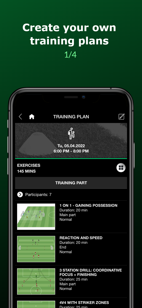 Ecrã de smartphone mostrando um plano de treino de futebol personalizado com exercícios organizados e detalhes de duração