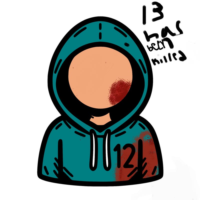 a person with non face waering a hoodie with a small 132 symbol