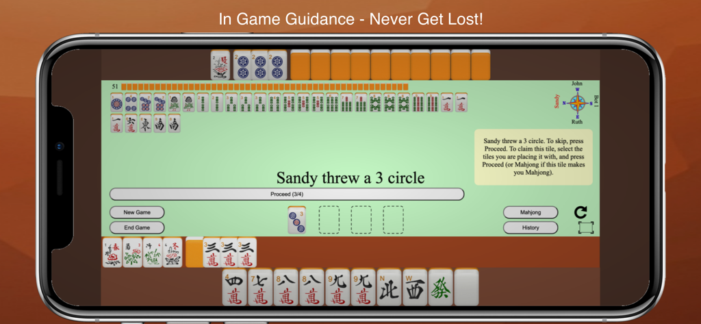 Gameplay screenshot of Mahjong 4 Friends showing in-game tutorial guidance and American Mahjong tiles