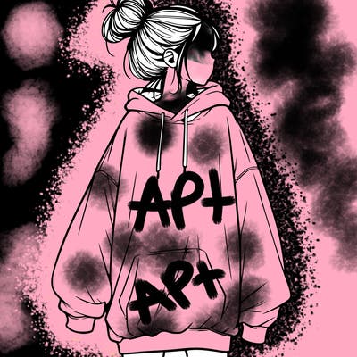 realistic girl with a oversized sweatshirt on and a bun