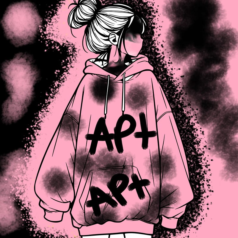realistic girl with a oversized sweatshirt on and a bun